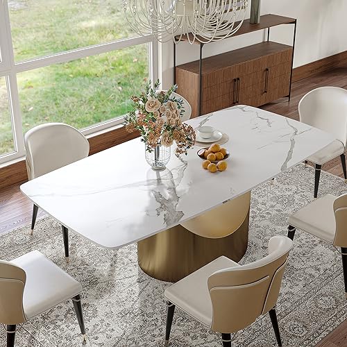 POVISON Modern Dining Table for 6, White Dining Table Sintered Stone Dining Table Top with Bronze Carbon Steel Pedestal Table, 71 inch Rectangle Dining Table for Dining Room Table(Table Only)