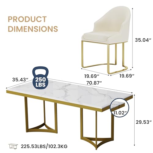 POVISON Marble Dining Table for 6, Modern Dining Room Table 71" for Kitchen & Dining Room, Luxury White Marble Table Top with Gold Trestle Pedestal(Dining Table Only)