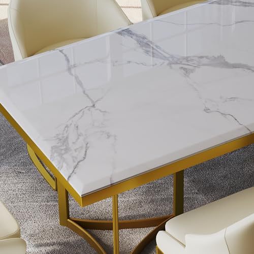 POVISON Marble Dining Table for 6, Modern Dining Room Table 71" for Kitchen & Dining Room, Luxury White Marble Table Top with Gold Trestle Pedestal(Dining Table Only)