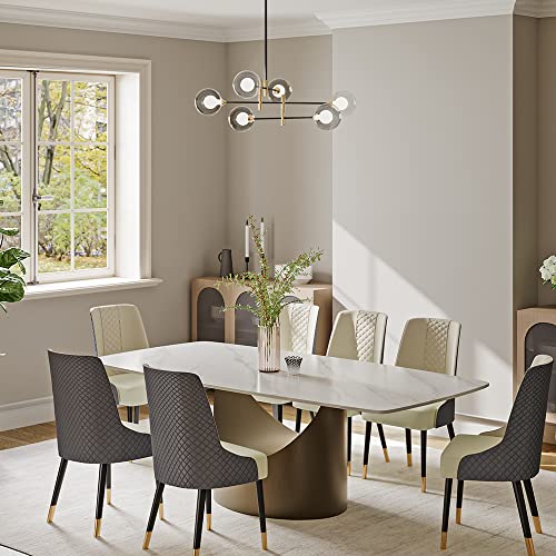 POVISON Modern Dining Table for 6, White Dining Table Sintered Stone Dining Table Top with Bronze Carbon Steel Pedestal Table, 71 inch Rectangle Dining Table for Dining Room Table(Table Only)