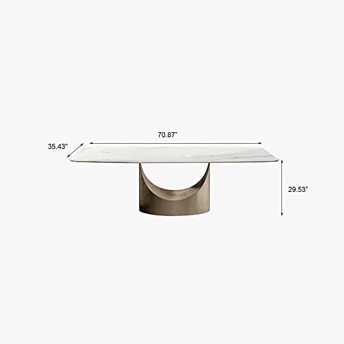POVISON Modern Dining Table for 6, White Dining Table Sintered Stone Dining Table Top with Bronze Carbon Steel Pedestal Table, 71 inch Rectangle Dining Table for Dining Room Table(Table Only)