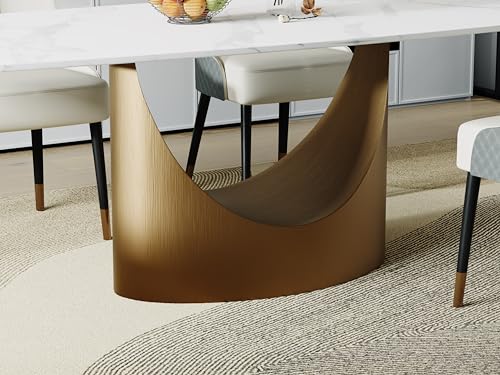 POVISON Modern Dining Table for 6, White Dining Table Sintered Stone Dining Table Top with Bronze Carbon Steel Pedestal Table, 71 inch Rectangle Dining Table for Dining Room Table(Table Only)