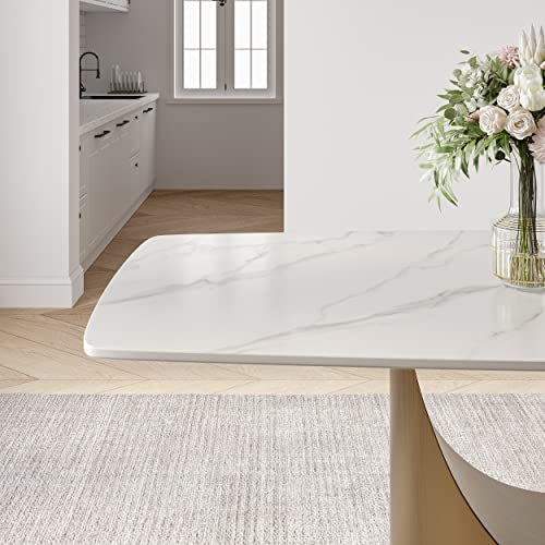 POVISON Modern Dining Table for 6, White Dining Table Sintered Stone Dining Table Top with Bronze Carbon Steel Pedestal Table, 71 inch Rectangle Dining Table for Dining Room Table(Table Only)