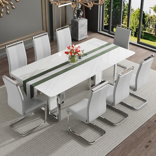 hohoedc 79'' Modern Dining Table Set for 8,White Kitchen Table Set,Luxury Dining Table Set with 1.8-inch Thick Faux Marble Table Top＆8 Pu Leather Upholstered Chairs Ideal for Dining kicken Room