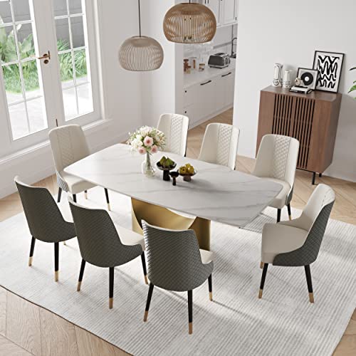 POVISON Modern Dining Table for 6, White Dining Table Sintered Stone Dining Table Top with Bronze Carbon Steel Pedestal Table, 71 inch Rectangle Dining Table for Dining Room Table(Table Only)