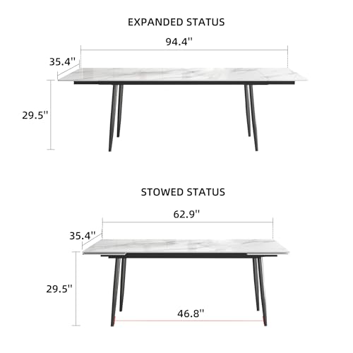 Luck Live 62.9'' to 94.4'' Extendable Dining Tables for 6 to 10 - New sintered Stone Material Rectangle Dining Table -High Hardness，White, Easy