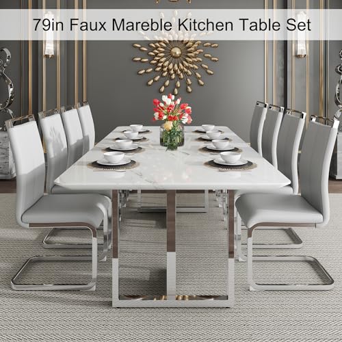 hohoedc 79'' Modern Dining Table Set for 8,White Kitchen Table Set,Luxury Dining Table Set with 1.8-inch Thick Faux Marble Table Top＆8 Pu Leather Upholstered Chairs Ideal for Dining kicken Room