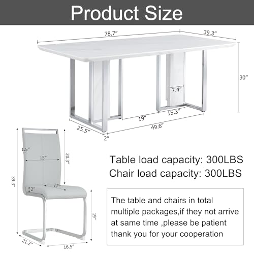 hohoedc 79'' Modern Dining Table Set for 8,White Kitchen Table Set,Luxury Dining Table Set with 1.8-inch Thick Faux Marble Table Top＆8 Pu Leather Upholstered Chairs Ideal for Dining kicken Room