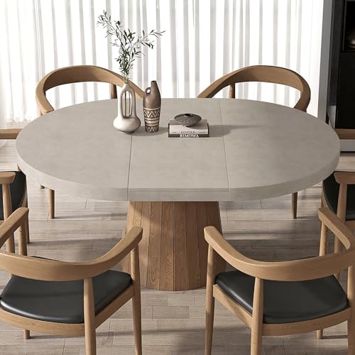 homary 39"-55" Round Extendable Dining Table Farmhouse Oval Kitchen Table Pedestal Dining Room Table for 6 Persons