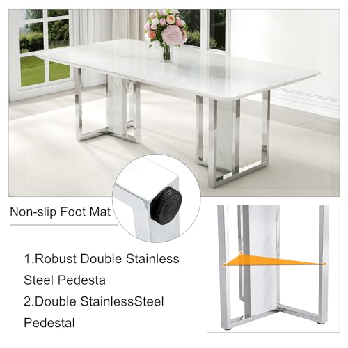 hohoedc 79'' Modern Dining Table Set for 8,White Kitchen Table Set,Luxury Dining Table Set with 1.8-inch Thick Faux Marble Table Top＆8 Pu Leather Upholstered Chairs Ideal for Dining kicken Room