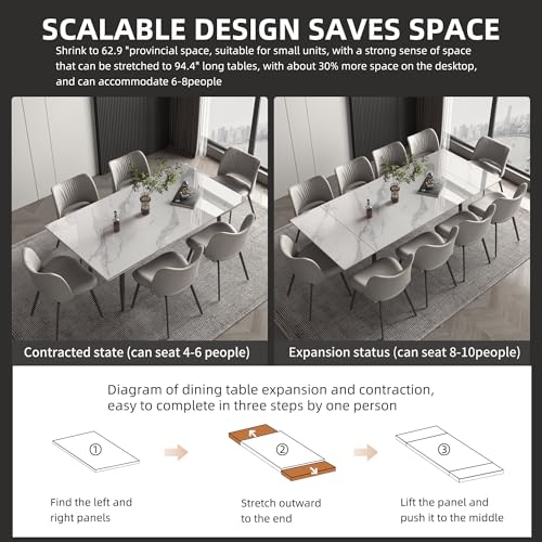 Luck Live 62.9'' to 94.4'' Extendable Dining Tables for 6 to 10 - New sintered Stone Material Rectangle Dining Table -High Hardness，White, Easy