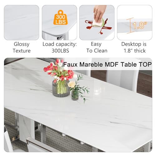 hohoedc 79'' Modern Dining Table Set for 8,White Kitchen Table Set,Luxury Dining Table Set with 1.8-inch Thick Faux Marble Table Top＆8 Pu Leather Upholstered Chairs Ideal for Dining kicken Room