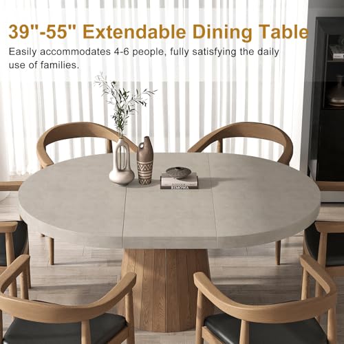 homary 39"-55" Round Extendable Dining Table Farmhouse Oval Kitchen Table Pedestal Dining Room Table for 6 Persons