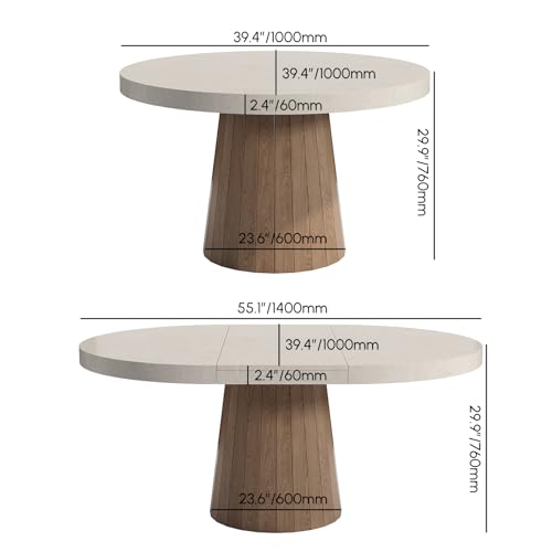 homary 39"-55" Round Extendable Dining Table Farmhouse Oval Kitchen Table Pedestal Dining Room Table for 6 Persons