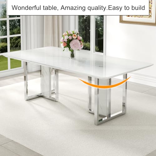 hohoedc 79'' Modern Dining Table Set for 8,White Kitchen Table Set,Luxury Dining Table Set with 1.8-inch Thick Faux Marble Table Top＆8 Pu Leather Upholstered Chairs Ideal for Dining kicken Room