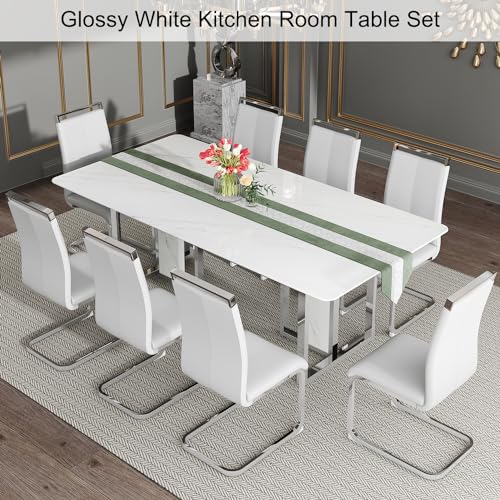 hohoedc 79'' Modern Dining Table Set for 8,White Kitchen Table Set,Luxury Dining Table Set with 1.8-inch Thick Faux Marble Table Top＆8 Pu Leather Upholstered Chairs Ideal for Dining kicken Room
