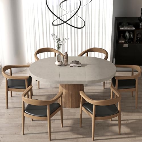 homary 39"-55" Round Extendable Dining Table Farmhouse Oval Kitchen Table Pedestal Dining Room Table for 6 Persons