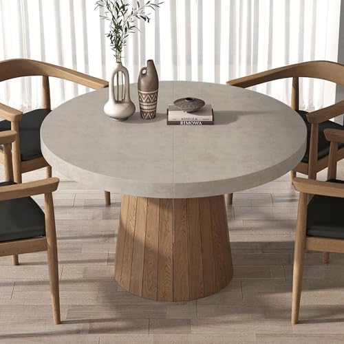 homary 39"-55" Round Extendable Dining Table Farmhouse Oval Kitchen Table Pedestal Dining Room Table for 6 Persons