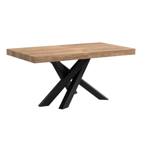 Mobili Fiver, Emma 63(94,5) x35,4 in Extendable Dining Table, Rustic Oak with Black Crossed Legs, for 6-10 People, Expandable Dining Table for Kitchen, Living Room, Italian Furniture