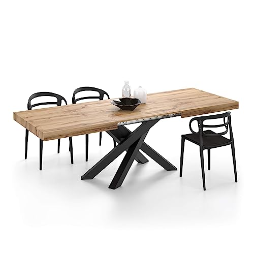 Mobili Fiver, Emma 63(94,5) x35,4 in Extendable Dining Table, Rustic Oak with Black Crossed Legs, for 6-10 People, Expandable Dining Table for Kitchen, Living Room, Italian Furniture