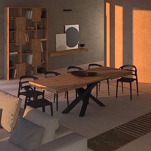 Mobili Fiver, Emma 63(94,5) x35,4 in Extendable Dining Table, Rustic Oak with Black Crossed Legs, for 6-10 People, Expandable Dining Table for Kitchen, Living Room, Italian Furniture
