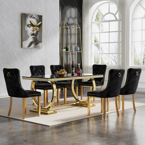 Modern Marble Dining Table Set for 6, 7 Piece Black Faux Marble Dining Room Table Set,70" Rectangular Kitchen Table Set w/6 Black Velvet Upholstered Chairs w/Stainless Steel Legs for Dining Room