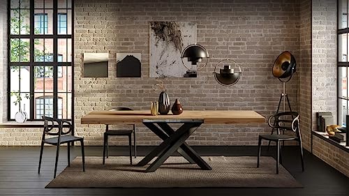 Mobili Fiver, Emma 63(94,5) x35,4 in Extendable Dining Table, Rustic Oak with Black Crossed Legs, for 6-10 People, Expandable Dining Table for Kitchen, Living Room, Italian Furniture