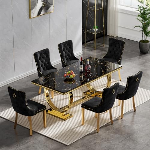 Modern Marble Dining Table Set for 6, 7 Piece Black Faux Marble Dining Room Table Set,70" Rectangular Kitchen Table Set w/6 Black Velvet Upholstered Chairs w/Stainless Steel Legs for Dining Room