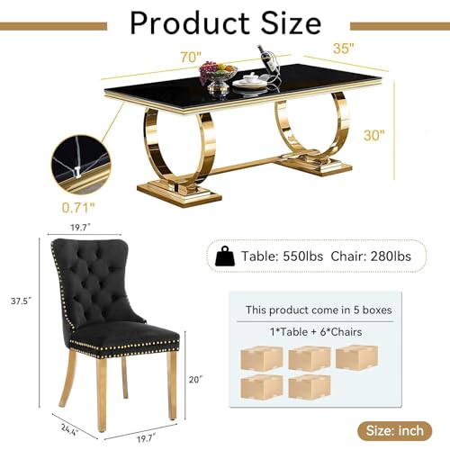 Modern Marble Dining Table Set for 6, 7 Piece Black Faux Marble Dining Room Table Set,70" Rectangular Kitchen Table Set w/6 Black Velvet Upholstered Chairs w/Stainless Steel Legs for Dining Room