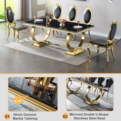 Modern Marble Dining Table Set for 6, 7 Piece Black Faux Marble Dining Room Table Set,70" Rectangular Kitchen Table Set w/6 Black Velvet Upholstered Chairs w/Stainless Steel Legs for Dining Room