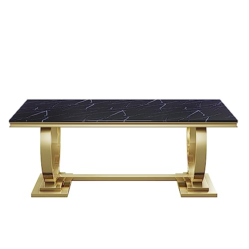 Modern Marble Dining Table Set for 6, 7 Piece Black Faux Marble Dining Room Table Set,70" Rectangular Kitchen Table Set w/6 Black Velvet Upholstered Chairs w/Stainless Steel Legs for Dining Room