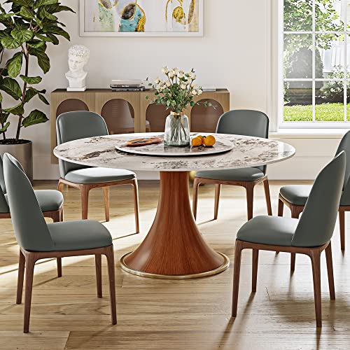 POVISON Modern Round Dining Table with Lazy Susan, White Dining Table for 6, Sintered Stone Dining Table Top with Solid Ash Wood Base, Round Kitchen Table for Dining Room Table, 53"(Table Only)