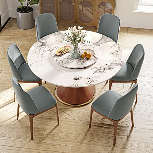 POVISON Modern Round Dining Table with Lazy Susan, White Dining Table for 6, Sintered Stone Dining Table Top with Solid Ash Wood Base, Round Kitchen Table for Dining Room Table, 53"(Table Only)