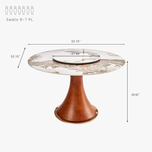 POVISON Modern Round Dining Table with Lazy Susan, White Dining Table for 6, Sintered Stone Dining Table Top with Solid Ash Wood Base, Round Kitchen Table for Dining Room Table, 53"(Table Only)