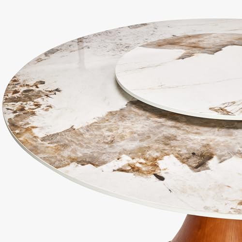 POVISON Modern Round Dining Table with Lazy Susan, White Dining Table for 6, Sintered Stone Dining Table Top with Solid Ash Wood Base, Round Kitchen Table for Dining Room Table, 53"(Table Only)