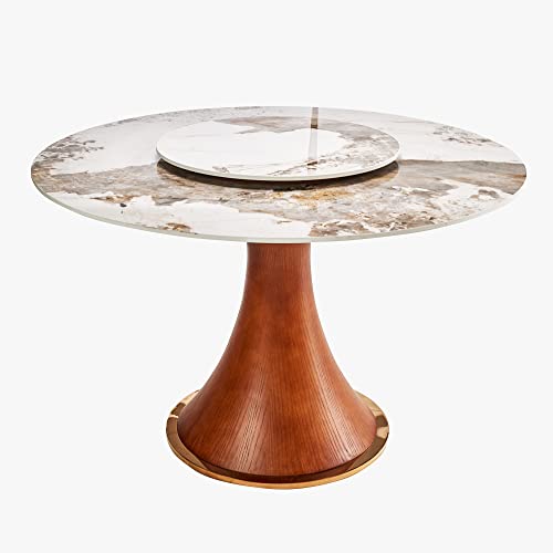 POVISON Modern Round Dining Table with Lazy Susan, White Dining Table for 6, Sintered Stone Dining Table Top with Solid Ash Wood Base, Round Kitchen Table for Dining Room Table, 53"(Table Only)