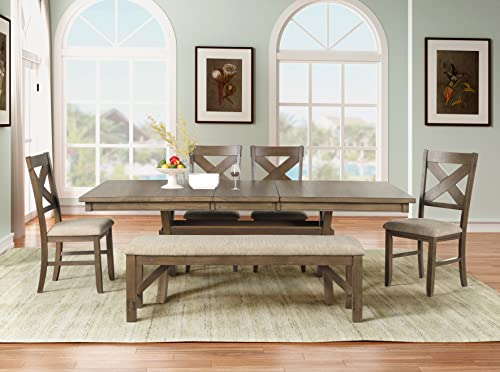 Roundhill Furniture Raven Wood 6-Piece Dining Set, Extendable Trestle Dining Table with 4 Chairs and Bench, Glazed Pine Brown