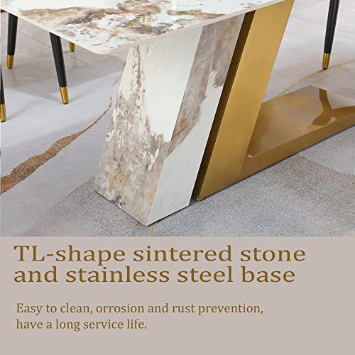 Runboll Modern Sintered Stone Dining Table Mid-Century Kitchen Dining Room Table with Stainless Steel Base(Not Included Chairs)