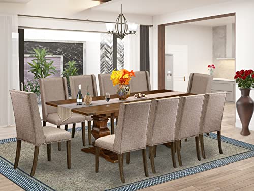 East West Furniture LAFL11-87-16 11 Piece Dinette Set Includes a Rectangle Dining Table with Removable Leaf and 10 Dark Khaki Linen Fabric Parson Dining Chairs, 42x92 Inch, Walnut