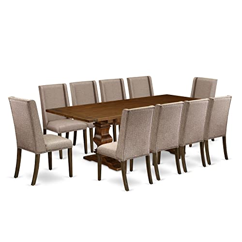 East West Furniture LAFL11-87-16 11 Piece Dinette Set Includes a Rectangle Dining Table with Removable Leaf and 10 Dark Khaki Linen Fabric Parson Dining Chairs, 42x92 Inch, Walnut