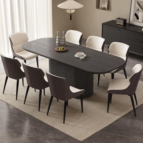QEZEOM 86.61" Large Dining Table Set for 8, Modern Rectangular Wood Grain Dining Table with 8 Chair & Pedestal Base for Living Room, Office, Easy to Assemble, Dark Grey