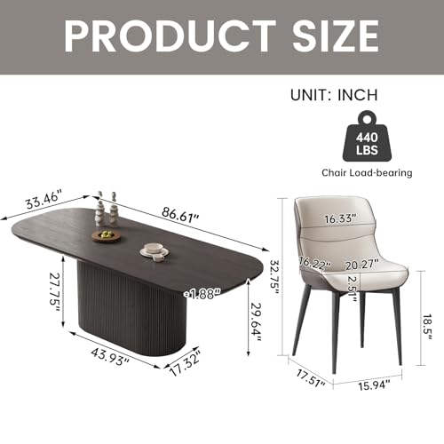 QEZEOM 86.61" Large Dining Table Set for 8, Modern Rectangular Wood Grain Dining Table with 8 Chair & Pedestal Base for Living Room, Office, Easy to Assemble, Dark Grey