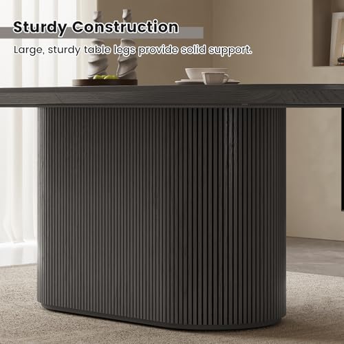 QEZEOM 86.61" Large Dining Table Set for 8, Modern Rectangular Wood Grain Dining Table with 8 Chair & Pedestal Base for Living Room, Office, Easy to Assemble, Dark Grey