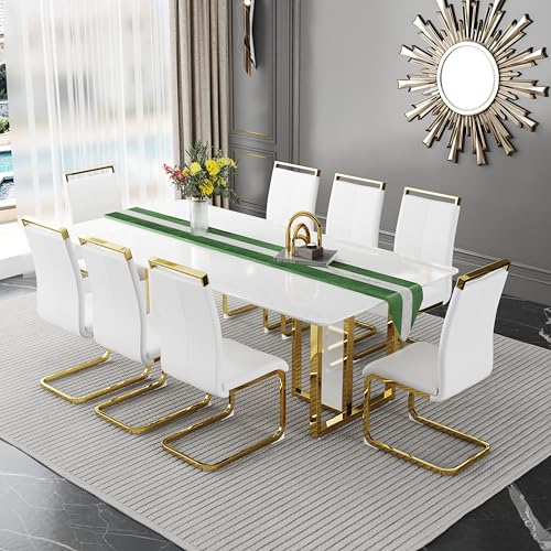 hohoedc 79'' Modern Dining Table Set for 8,White Kitchen Table Set,Luxury Dining Table Set with 1.8-inch Faux Marble Table Top＆8 Pu Leather Upholstered Chairs Ideal for Dining kicken Room