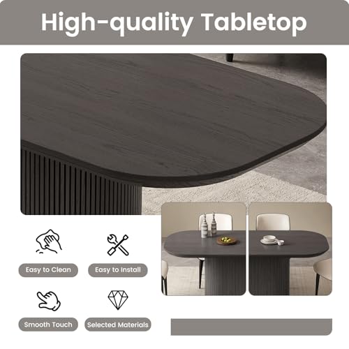 QEZEOM 86.61" Large Dining Table Set for 8, Modern Rectangular Wood Grain Dining Table with 8 Chair & Pedestal Base for Living Room, Office, Easy to Assemble, Dark Grey