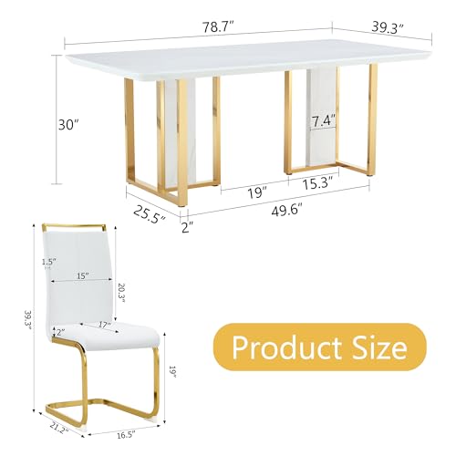 hohoedc 79'' Modern Dining Table Set for 8,White Kitchen Table Set,Luxury Dining Table Set with 1.8-inch Faux Marble Table Top＆8 Pu Leather Upholstered Chairs Ideal for Dining kicken Room