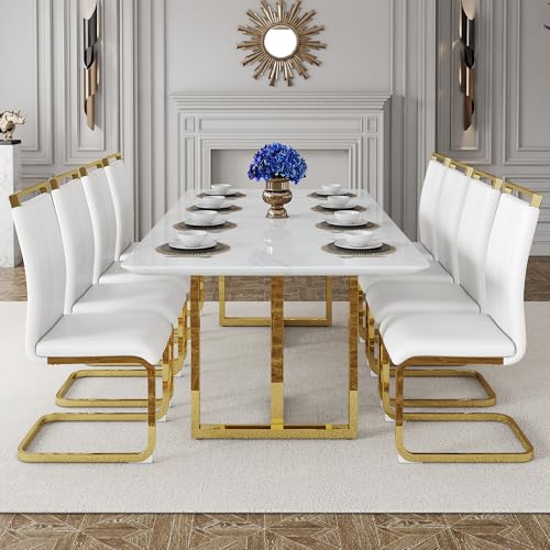 hohoedc 79'' Modern Dining Table Set for 8,White Kitchen Table Set,Luxury Dining Table Set with 1.8-inch Faux Marble Table Top＆8 Pu Leather Upholstered Chairs Ideal for Dining kicken Room
