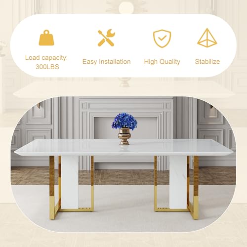 hohoedc 79'' Modern Dining Table Set for 8,White Kitchen Table Set,Luxury Dining Table Set with 1.8-inch Faux Marble Table Top＆8 Pu Leather Upholstered Chairs Ideal for Dining kicken Room