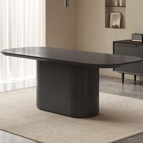 QEZEOM 86.61" Large Dining Table Set for 8, Modern Rectangular Wood Grain Dining Table with 8 Chair & Pedestal Base for Living Room, Office, Easy to Assemble, Dark Grey