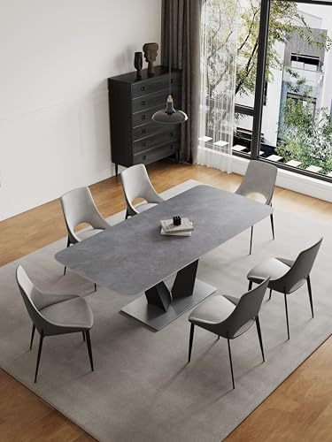 Modern Dining Table for 6-8, Extendable Dining Table Sintered Stone Dining Table Top with V-Shape Carbon Steel Pedestal Table, 79 inch Rectangle Dining Table for Dining Room Table (1Table+6 Chairs)